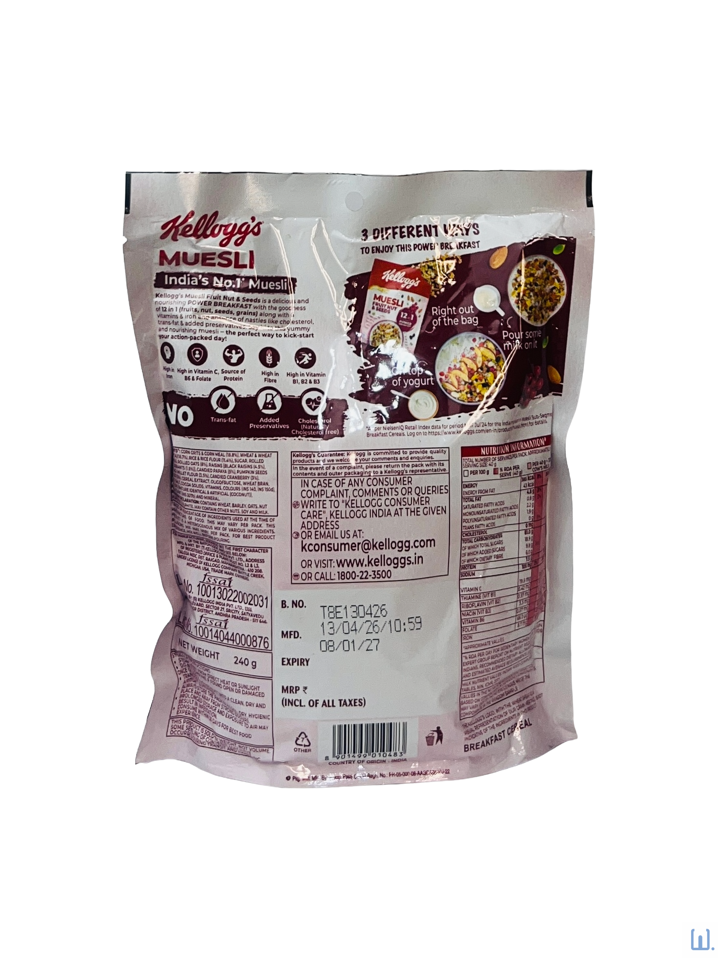 Kellogg's Muesli Fruit, Nut & Seeds 240g back